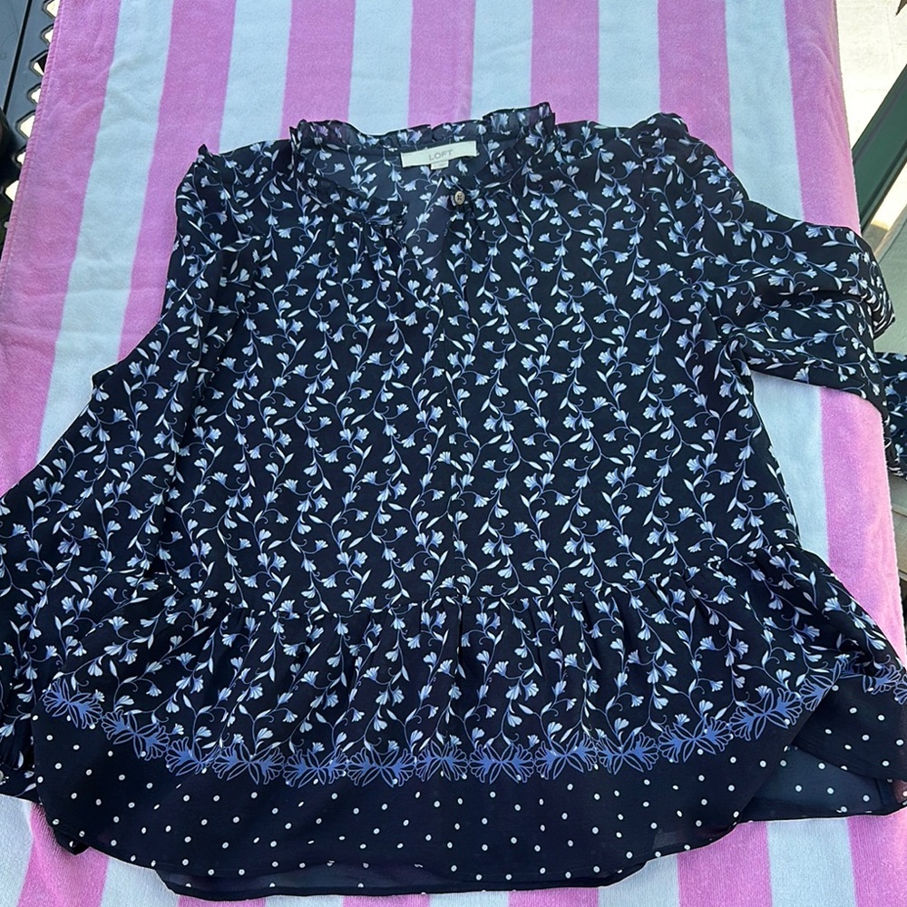 LOFT Blue Buttoned Ruffled Blouse